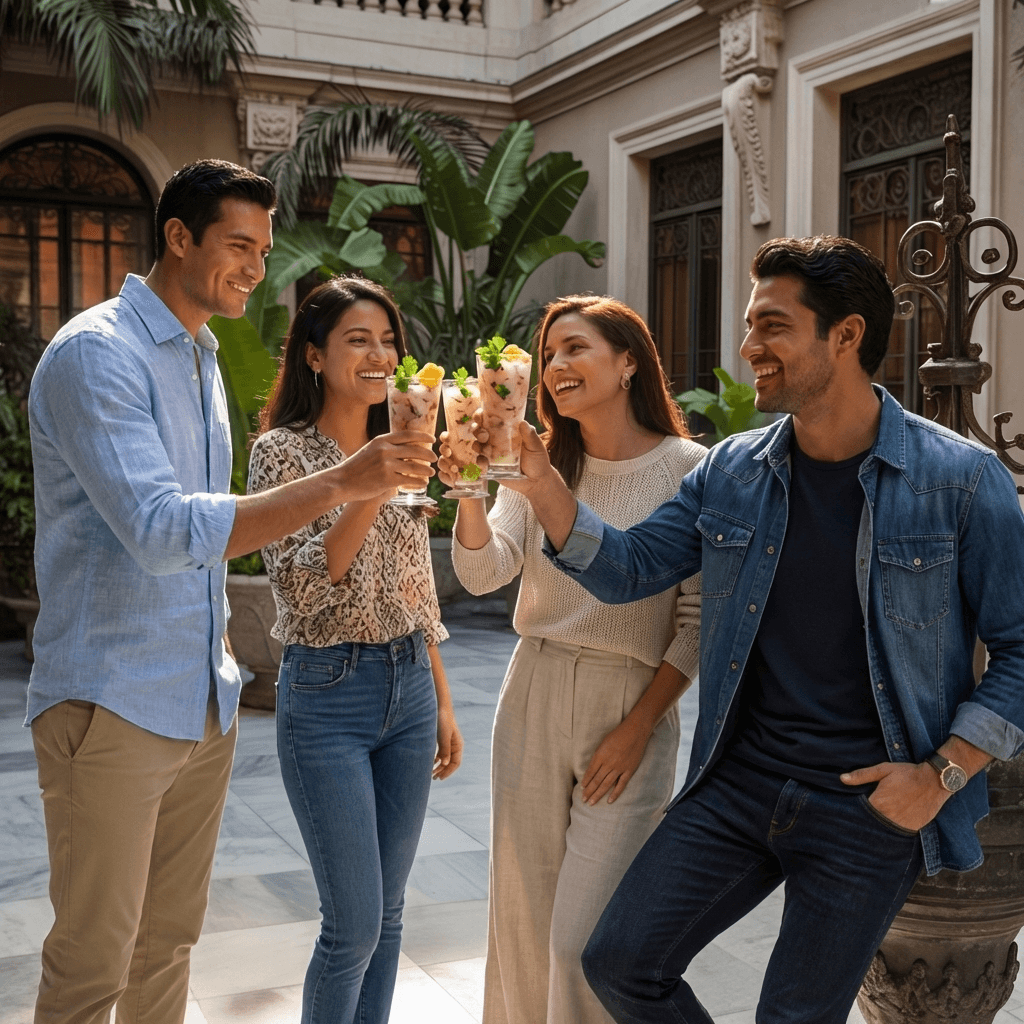 Friends celebrating with ceviche cups