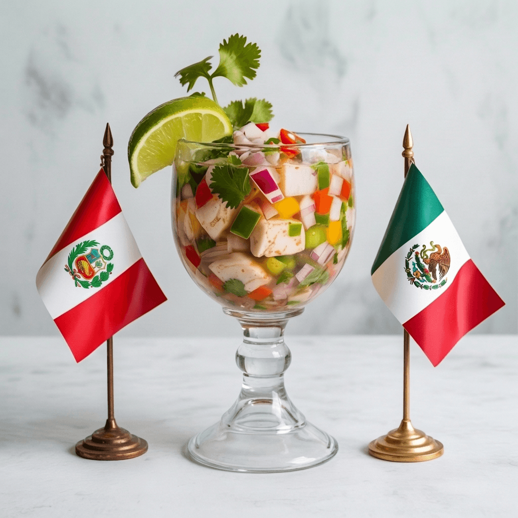Ceviche with Peru and Mexico flags